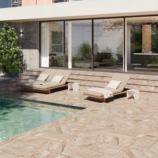 Oberon Sand Beige 12x48 Stair Tread; in Porcelain; for Outdoor Floor, Pool Tile; in Style Ideas Farmhouse, Mid Century, Rustic, Traditional, Transitional