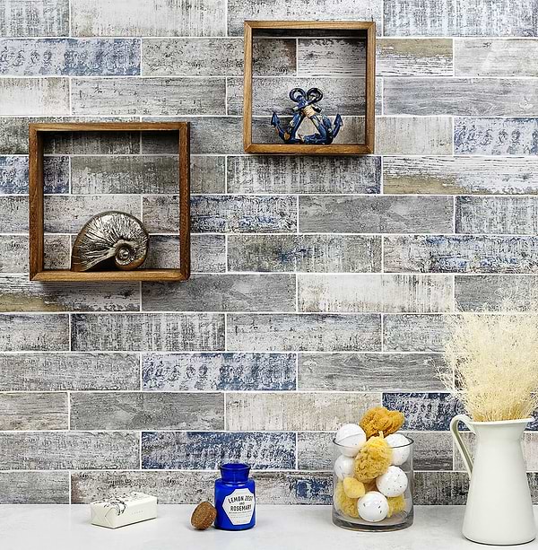 Colonial Wood White Matte 3x12; in Blue + White + Black White Body Ceramic; for Backsplash, Bathroom Wall, Kitchen Wall, Shower Wall, Wall Tile; in Style Ideas Classic, Farmhouse, Industrial, Traditional