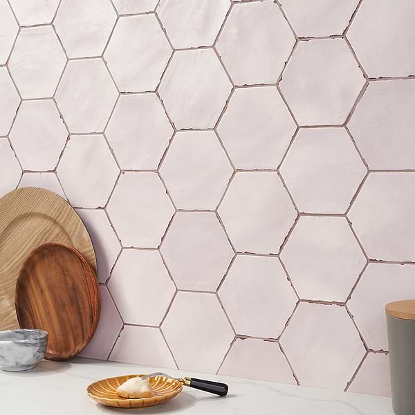 CostaHex Oxalis Rose 6" Hex; in Light Rose Porcelain; for Backsplash, Bathroom Floor, Bathroom Wall, Commercial Floor, Floor Tile, Kitchen Floor, Kitchen Wall, Outdoor Wall, Pool Tile, Shower Floor, Shower Wall, Wall Tile; in Style Ideas Beach, Classic, Craftsman, Farmhouse, Mediterranean, Mid Century, Tropical