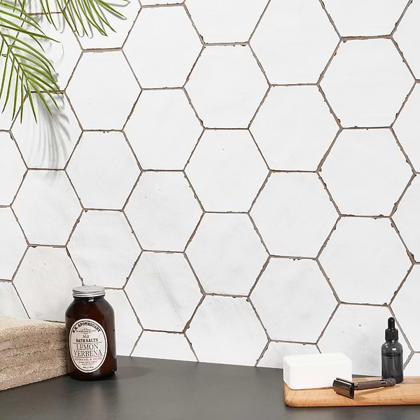 CostaHex Solaro White 6" Hex; in White Porcelain; for Backsplash, Bathroom Floor, Bathroom Wall, Commercial Floor, Floor Tile, Kitchen Floor, Kitchen Wall, Outdoor Wall, Pool Tile, Shower Floor, Shower Wall, Wall Tile; in Style Ideas Beach, Classic, Craftsman, Farmhouse, Mediterranean, Mid Century, Tropical