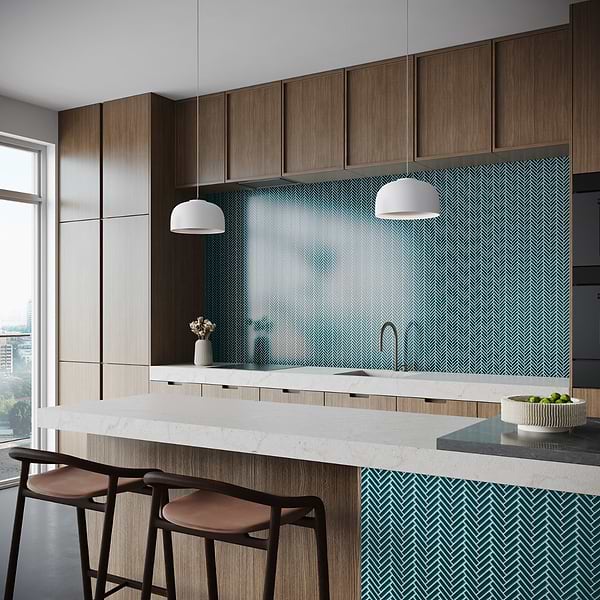 Motek Teal 1x2" Herringbone Crackled Glossy Porcelain Mosaic Tile