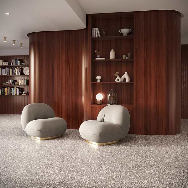 Italy Terrazzo Dolce Rina 24x24 Honed; in Gray + Tan Terrazzo, Resin Base with Marble Chips; for Backsplash, Bathroom Floor, Bathroom Wall, Commercial Floor, Floor Tile, Kitchen Floor, Kitchen Wall, Outdoor Floor, Outdoor Wall, Shower Floor, Shower Wall, Wall Tile; in Style Ideas Classic, Craftsman, Industrial, Mid Century, Modern, Rustic