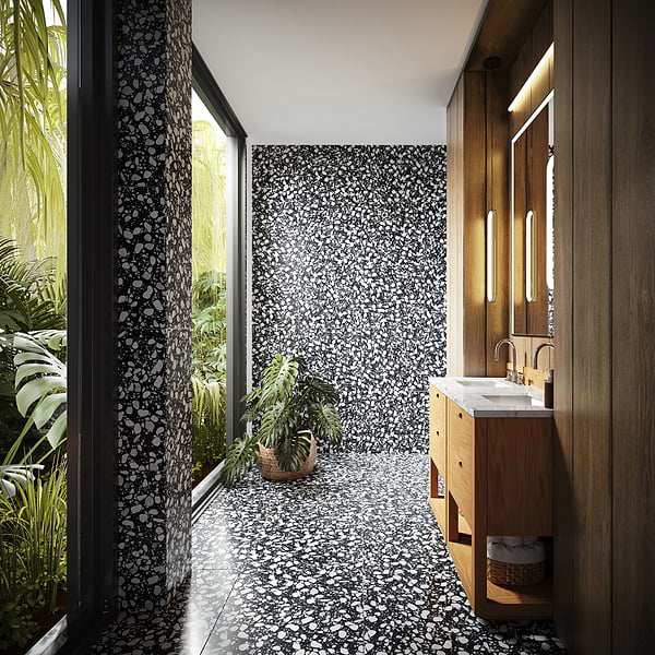 Italy Terrazzo Sacra Nero 24x24 Honed; in Black + White Resin; for Backsplash, Bathroom Floor, Bathroom Wall, Commercial Floor, Floor Tile, Kitchen Floor, Kitchen Wall, Outdoor Floor, Outdoor Wall, Shower Floor, Shower Wall, Wall Tile; in Style Ideas Classic, Craftsman, Industrial, Mid Century, Modern, Rustic
