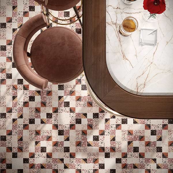 Elizabeth Sutton Terrazzi Cardinal; in Rose Levanta, Red Travertine, Rose Cream, Terrazzo; for Backsplash, Bathroom Floor, Bathroom Wall, Commercial Floor, Floor Tile, Kitchen Floor, Kitchen Wall, Outdoor Floor, Outdoor Wall, Shower Floor, Shower Wall, Wall Tile; in Style Ideas Contemporary, Mediterranean, Rustic