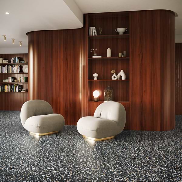 Italy Terrazzo Cava Notte 24x24 Honed; in Black Terrazzo, Resin Base with Marble Chips; for Backsplash, Bathroom Floor, Bathroom Wall, Commercial Floor, Floor Tile, Kitchen Floor, Kitchen Wall, Outdoor Floor, Outdoor Wall, Shower Floor, Shower Wall, Wall Tile; in Style Ideas Classic, Contemporary, Craftsman, Farmhouse, Industrial, Mediterranean, Mid Century, Modern, Rustic, Traditional, Transitional