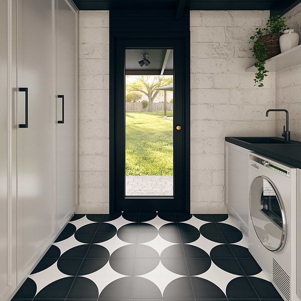 Stacy Garcia Maddox Deco Floor Black 8x8; in White + Charcoal Porcelain; for Backsplash, Bathroom Floor, Bathroom Wall, Commercial Floor, Floor Tile, Kitchen Floor, Kitchen Wall, Outdoor Floor, Outdoor Wall, Shower Floor, Shower Wall, Wall Tile; in Style Ideas Contemporary, Mid Century, Modern