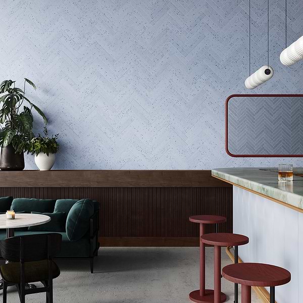 Close Out - Surf Terrazzo Denim 3x16; in Blue Terrazzo; for Backsplash, Bathroom Wall, Kitchen Wall, Wall Tile; in Style Ideas Beach, Contemporary, Mid Century, Modern, Transitional, Whimsical