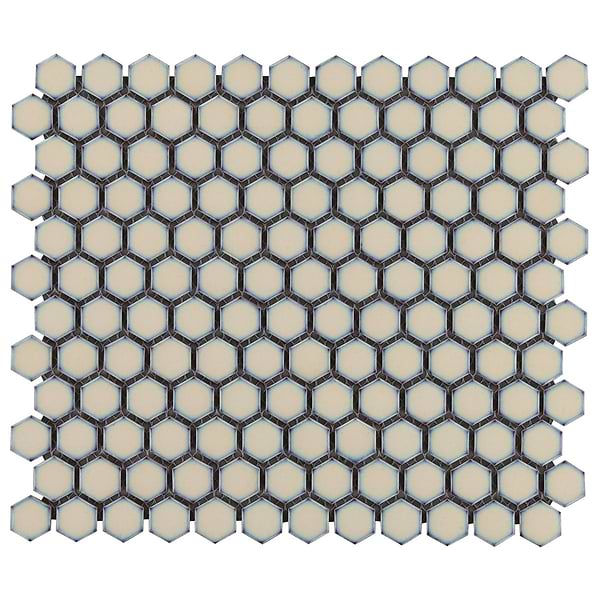 Simple 2.0 Rimmed Custard 1" Hexagon Polished Porcelain Mosaic; in Beige with Blue Porcelain; for Backsplash, Bathroom Floor, Bathroom Wall, Commercial Floor, Floor Tile, Kitchen Floor, Kitchen Wall, Outdoor Wall, Shower Floor, Shower Wall, Wall Tile; in Style Ideas Classic, Contemporary, Mid Century