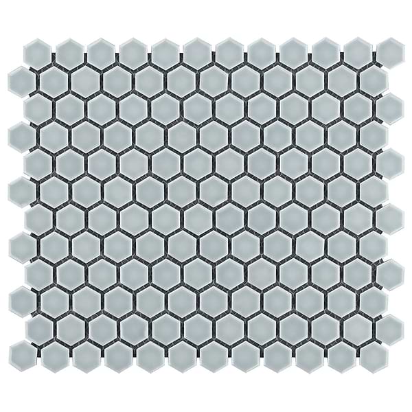 Simple 2.0 Rimmed Mist Gray 1" Hexagon Polished Porcelain Mosaic; in Gray Porcelain; for Backsplash, Bathroom Floor, Bathroom Wall, Commercial Floor, Floor Tile, Kitchen Floor, Kitchen Wall, Outdoor Wall, Shower Floor, Shower Wall, Wall Tile; in Style Ideas Classic, Contemporary, Mid Century, Transitional