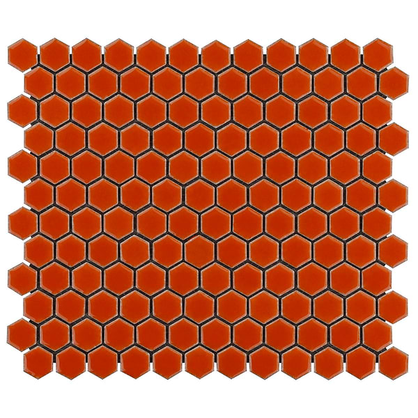 Simple 2.0 Rimmed Tangerine Orange 1" Hexagon Polished Porcelain Mosaic
