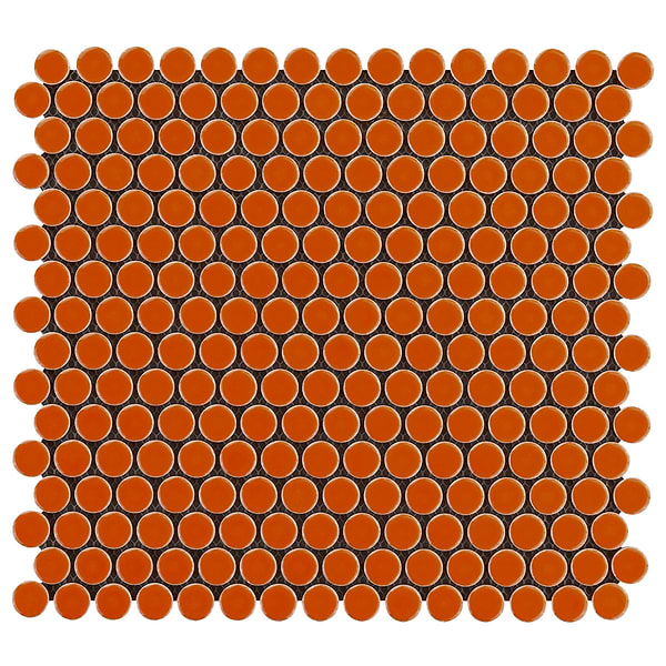 Simple 2.0 Rimmed Tangerine Penny Rounds Polished Porcelain Mosaic; in Orange Porcelain; for Backsplash, Bathroom Floor, Bathroom Wall, Commercial Floor, Floor Tile, Kitchen Floor, Kitchen Wall, Outdoor Wall, Shower Floor, Shower Wall, Wall Tile; in Style Ideas Beach, Classic, Contemporary, Mediterranean, Mid Century, Transitional, Tropical, Whimsical