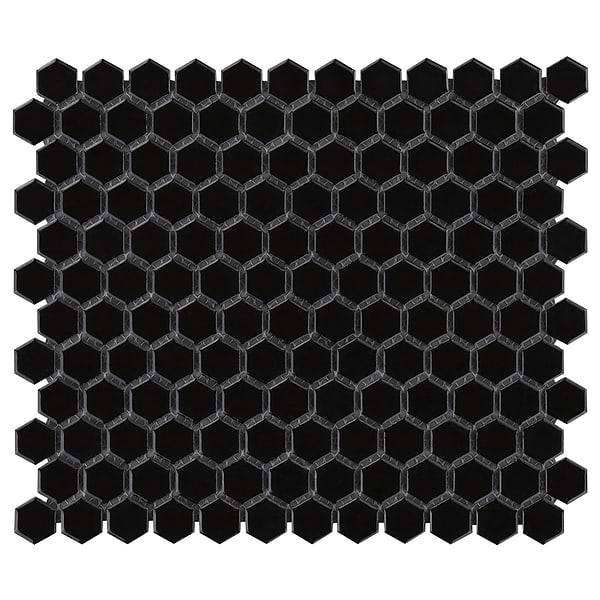 Simple 2.0 Solid Black 1" Hexagon Polished Porcelain Mosaic; in Black Porcelain; for Backsplash, Bathroom Floor, Bathroom Wall, Commercial Floor, Floor Tile, Kitchen Floor, Kitchen Wall, Outdoor Wall, Shower Floor, Shower Wall, Wall Tile; in Style Ideas Classic, Contemporary, Mid Century