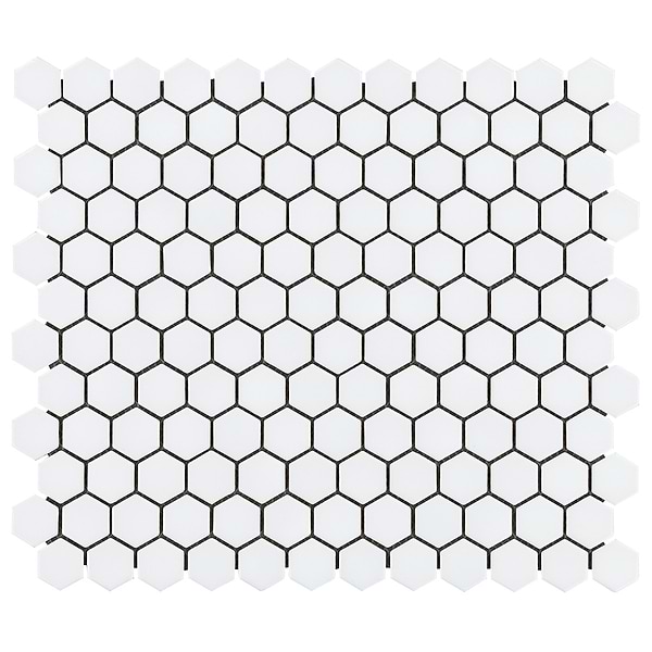 Simple 2.0 Solid White 1" Hexagon Polished Porcelain Mosaic; in White Porcelain; for Backsplash, Bathroom Floor, Bathroom Wall, Commercial Floor, Floor Tile, Kitchen Floor, Kitchen Wall, Outdoor Wall, Shower Floor, Shower Wall, Wall Tile; in Style Ideas Classic, Contemporary, Industrial, Mid Century, Transitional