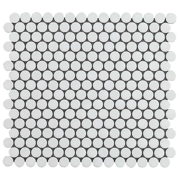 Simple 2.0 White 1" Penny Round Matte Porcelain Mosaic; in White Porcelain; for Backsplash, Bathroom Floor, Bathroom Wall, Commercial Floor, Floor Tile, Kitchen Floor, Kitchen Wall, Outdoor Wall, Shower Floor, Shower Wall, Wall Tile; in Style Ideas Classic, Contemporary, Industrial, Mid Century, Transitional