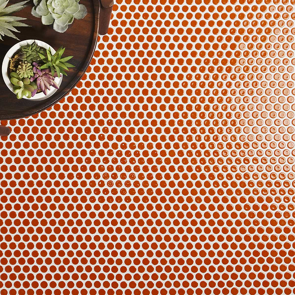 Simple 2.0 Rimmed Tangerine Orange Penny Rounds Polished Porcelain Mosaic