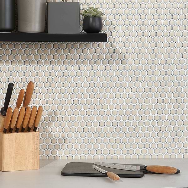 Simple 2.0 Rimmed Custard Beige 1" Hexagon Polished Porcelain Mosaic