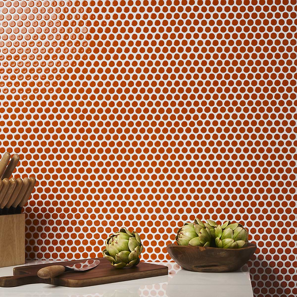 Simple 2.0 Rimmed Tangerine Orange Penny Rounds Polished Porcelain Mosaic