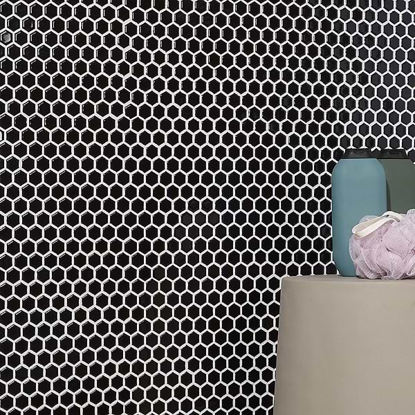 Simple 2.0 Solid Black 1" Hexagon Polished Porcelain Mosaic