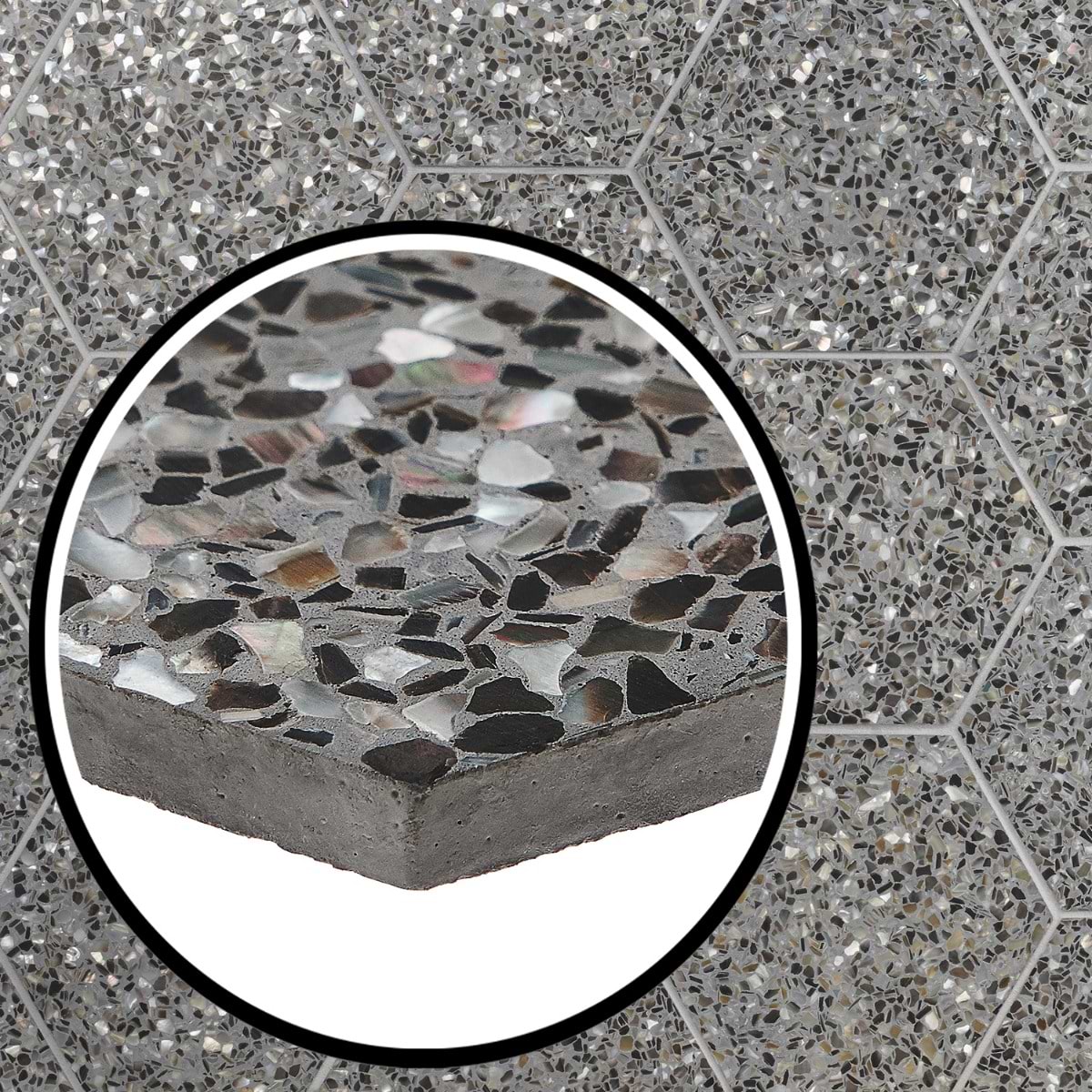Pearl Terrazzo Polished Black 8" Hex 