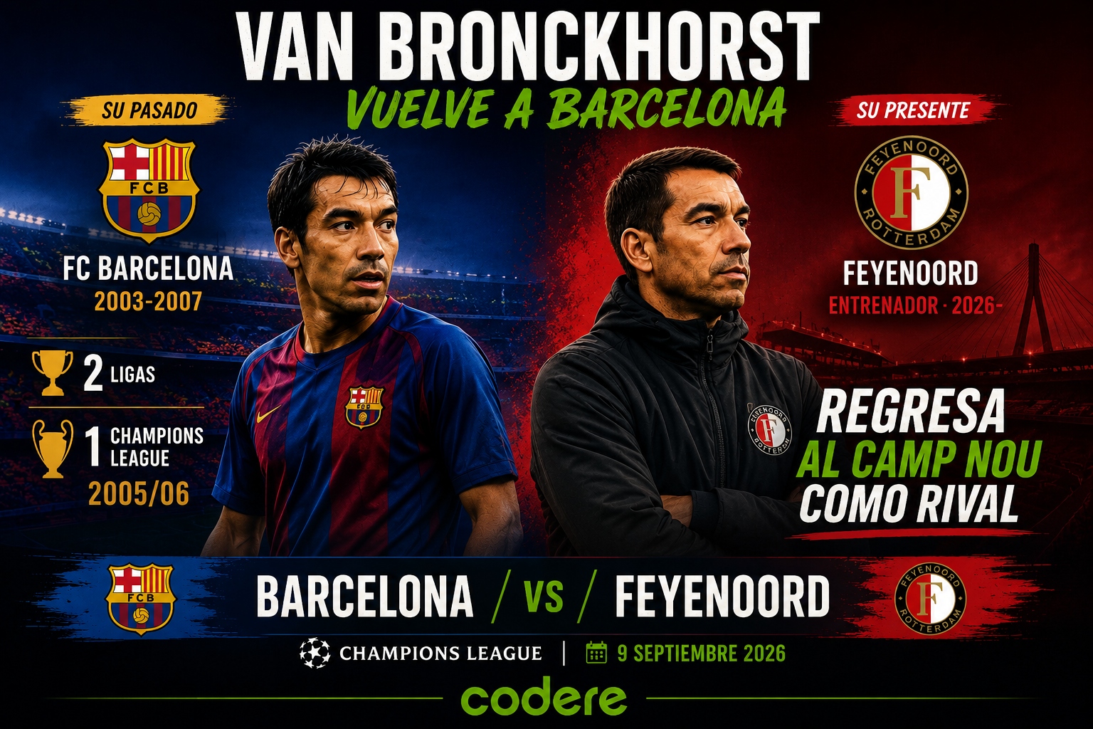 infografía de Van Bronckhorst Barcelona vs Feyenoord de Champions 2026