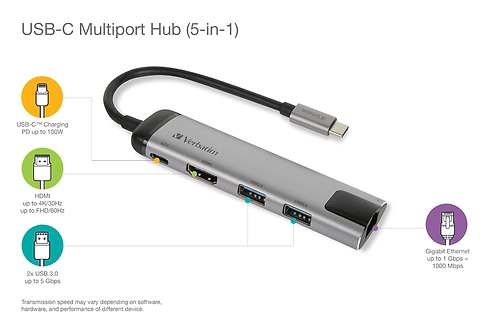 מתאם VERBATIM USB-C™ MULTIPORT HUB USB 3.1/ HDMI /Gigabit Ethernet 49141