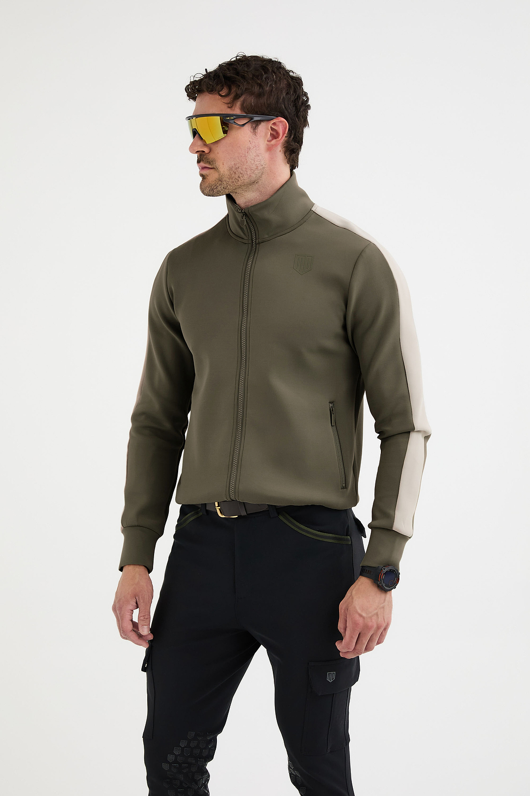 MAYA Mens Dark Green/Beige Full-Zip Sweater | Maya Delorez