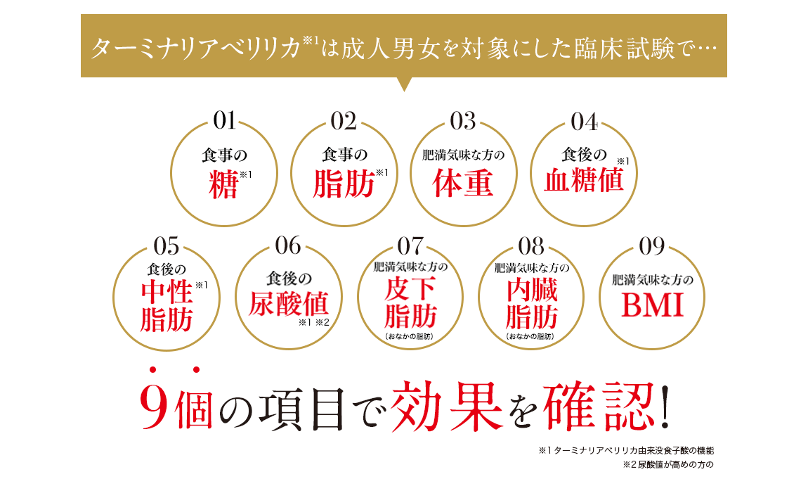 ターミナリアは成人男女を対象にした臨床試験で…01食事の糖※1 02食事の脂肪※1 03肥満気味な方の体重 04食後の血糖値※1 05食後の中性※1脂肪 06食後の尿酸値※1※2 07肥満気味な方の皮下脂肪（お腹の脂肪） 08肥満気味な方の内臓脂肪（お腹の脂肪） 09肥満気味な方のBMI 9つの項目で効果が実証 ※1ターミナリアべリリカ由来没食子酸の機能 ※2尿酸値が高めの方の