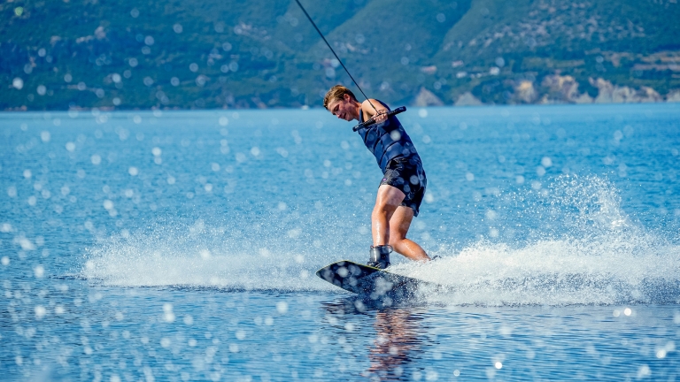 Wakeboarding on calm waters at Vounaki Beach Club