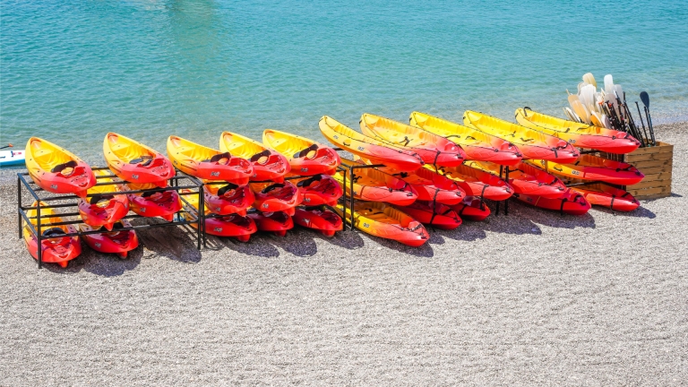 Kayaks on the beach at Vounaki Beach Club
