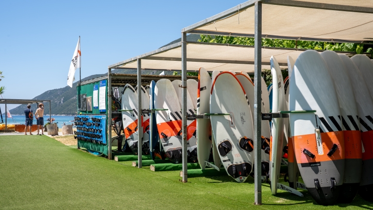 Windsurf boards at Cosmos Beach Club