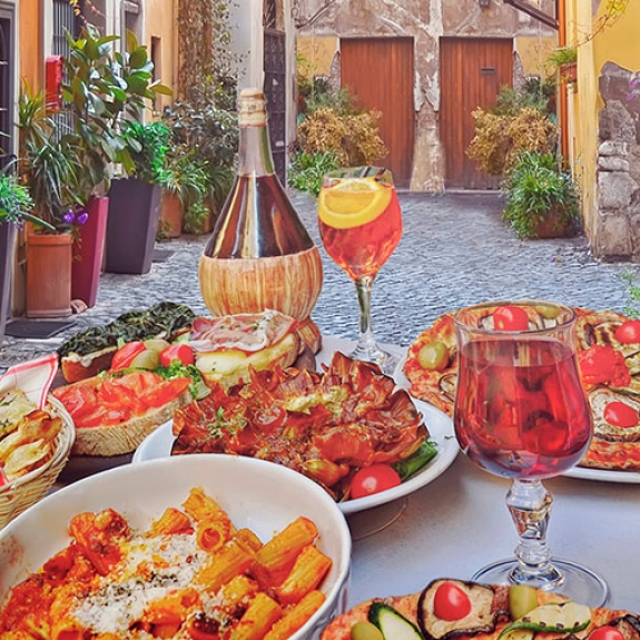 Italian food and drink on a restaurant table
