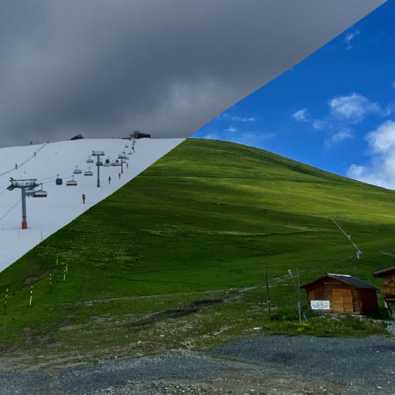 view of the mountains in summer and winter