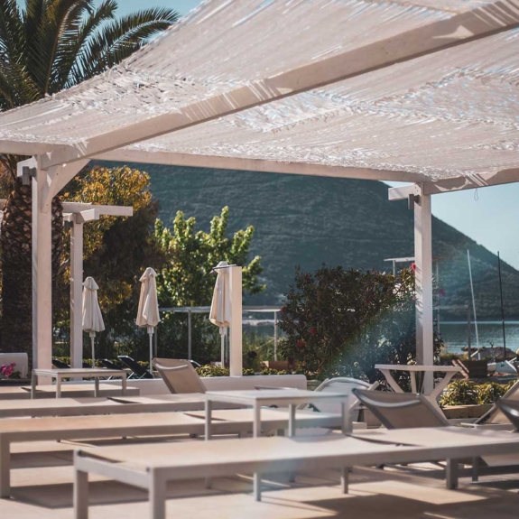 Beachfront terrace at Cosmos Beach Club