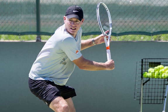 Mark Petchey playing tennis at Messini Beachclub in Greece