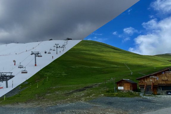 view of the mountains in summer and winter
