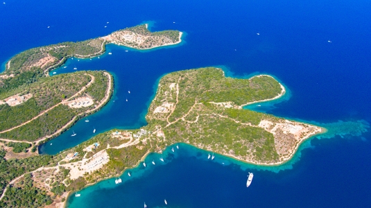 An aerial view of a Meganisi