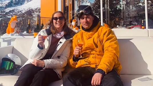 Drinking champagne at a bar in El Tarter, Andorra