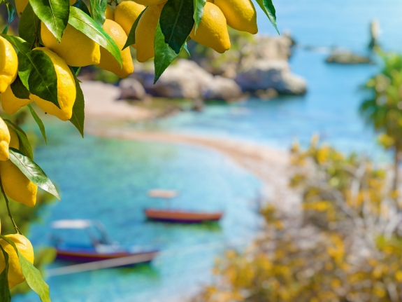 Sicilian lemons and boats in a bay
