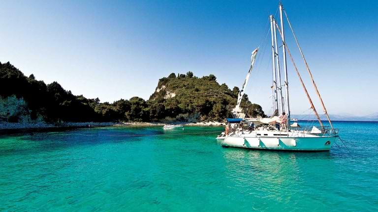 Yachts moored up in a beautiful bay