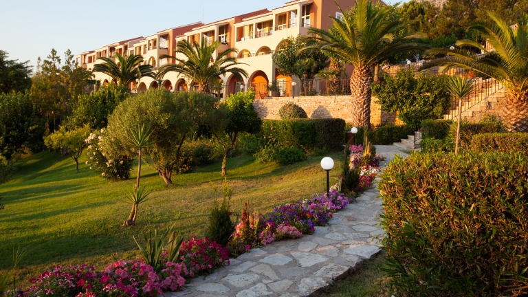 Room view from the gardens at Vounaki beach club
