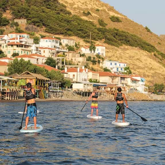 heading to Skala Eressos on the stand up paddle boards