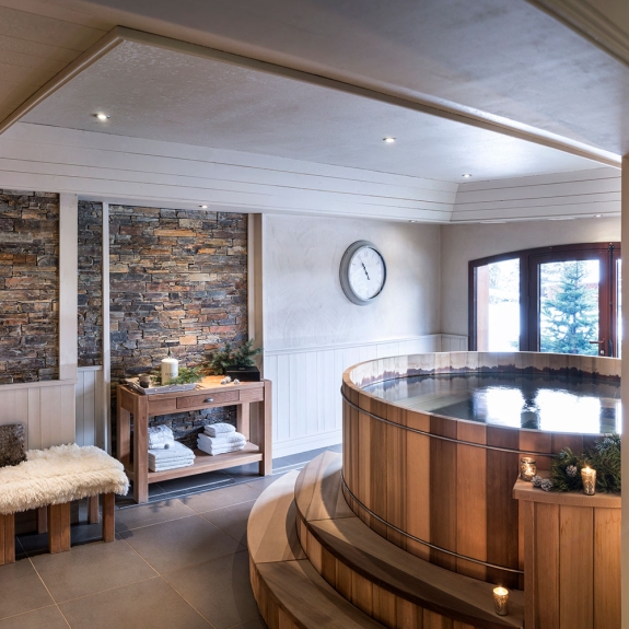 Take a dip in the large hot tub