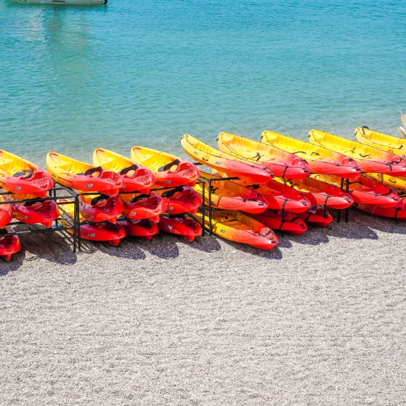 Kayaks on the beach at Vounaki Beach Club