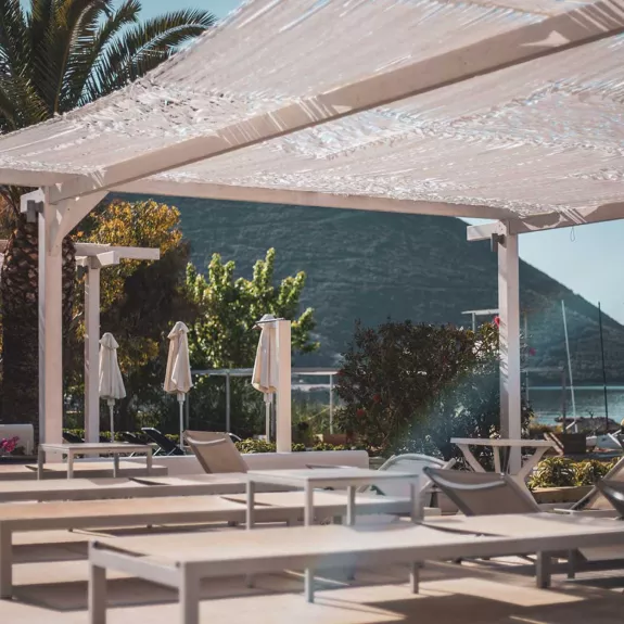 Beachfront terrace at Cosmos Beach Club