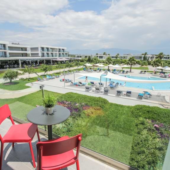 Balcony view of pool at Messini Beach Club