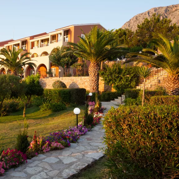 Room view from the gardens at Vounaki beach club