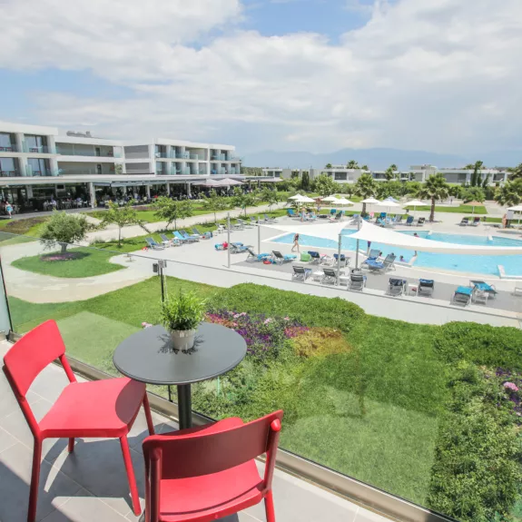 Balcony view of pool at Messini Beach Club