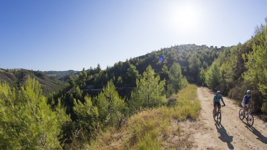 Two people cycling on a mountain trail
