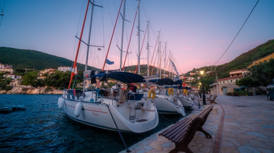 Docked at sunset in a Greek village