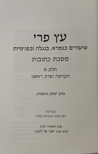 עץ פרי - שיעורים בגמרא בנגלה ובפנימיות מסכת כתובות חלק א / הרב יצחק גינזבורג